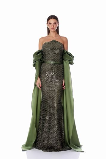 Khaki Strapless Sequin Evening Dress